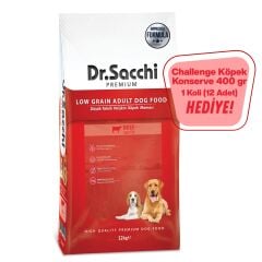 Dr.Sacchi Düşük Tahıllı Sığır Etli Yetişkin Köpek Maması 12kg+Challenge Köpek Konserve Hediye (12 Adet)