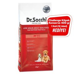 Dr.Sacchi Düşük Tahıllı Sığır Etli Yetişkin Köpek Maması 12kg+ Challenge Köpek Konserve 400gr 1 Koli (12 Adet) Hediye!