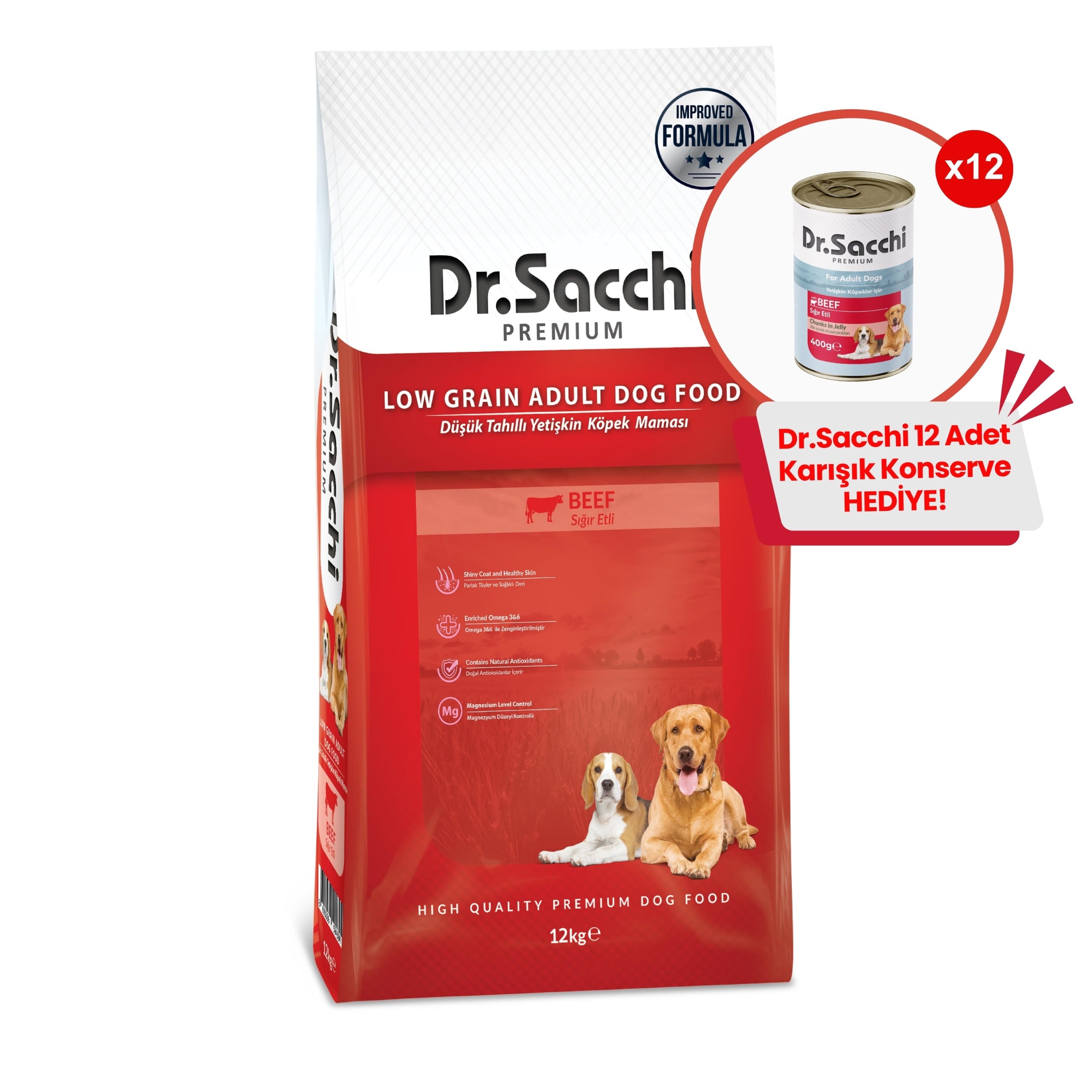 Dr.Sacchi Düşük Tahıllı Sığır Etli Yetişkin Köpek Maması 12kg + 12 Adet Dr.Sacchi 400gr Karışık Konserve Hediye!