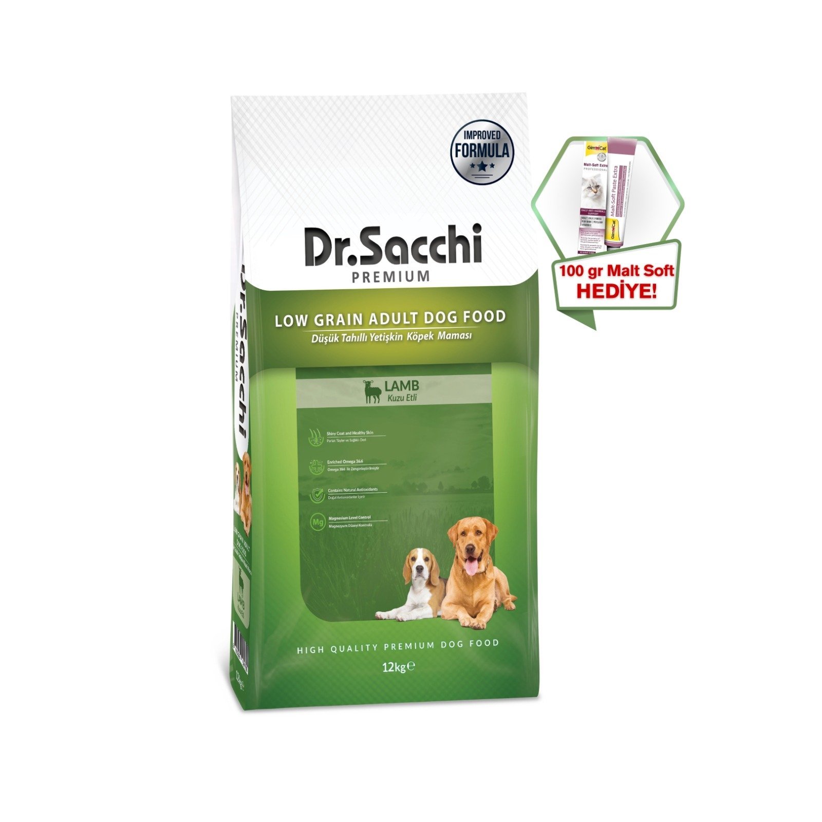 Dr.Sacchi Düşük Tahıllı Kuzu Etli Yetişkin  Köpek Maması 12kg + GimCat Malt Soft Extra 100 gr Hediye!