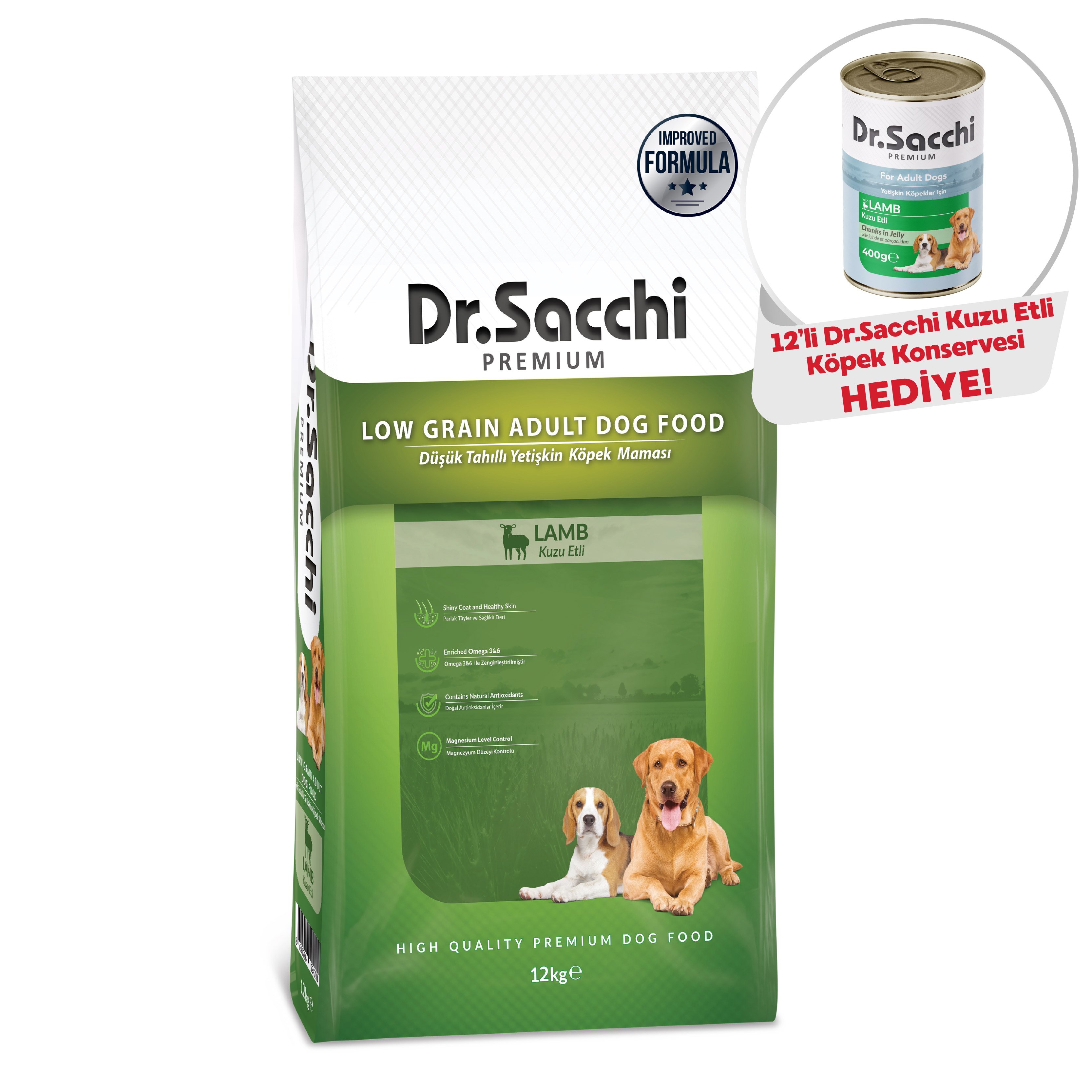 Dr.Sacchi Düşük Tahıllı Kuzu Etli Yetişkin Köpek Maması 12kg + Dr.Sacchi Konserve Köpek Kuzu Etli (12’li x400gr) Hediye!