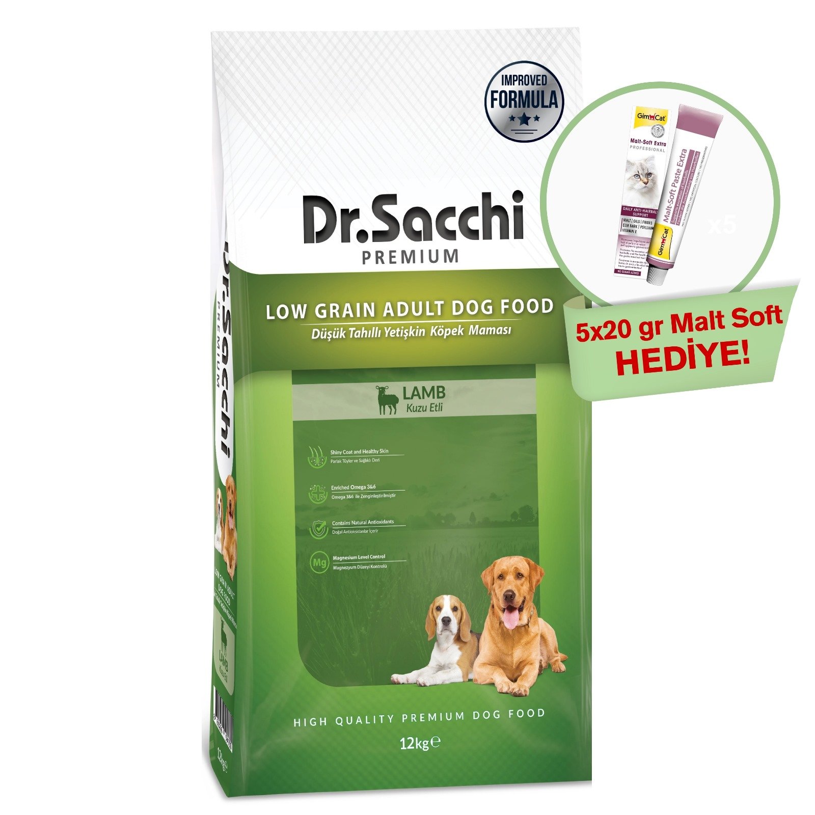 Dr.Sacchi Düşük Tahıllı Kuzu Etli Yetişkin  Köpek Maması 12kg + Gimcat Malt Soft Extra 20 gr (5 adet) Hediyeli!