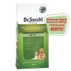 Dr.Sacchi Düşük Tahıllı Kuzu Etli Yetişkin  Köpek Maması 12kg+ Challenge Köpek Konserve Hediye (12 Adet)