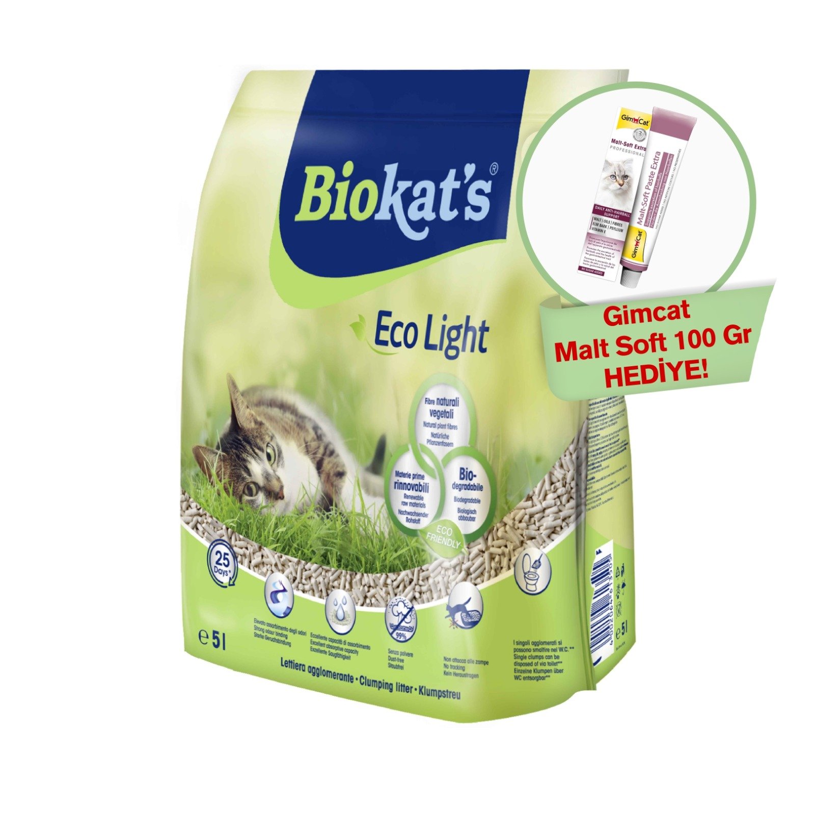 Biokat's Pelet Kedi Kumu Eco Light 5lt  (Ötv Dahil) + Gimcat Malt Soft 100 Gr Hediye