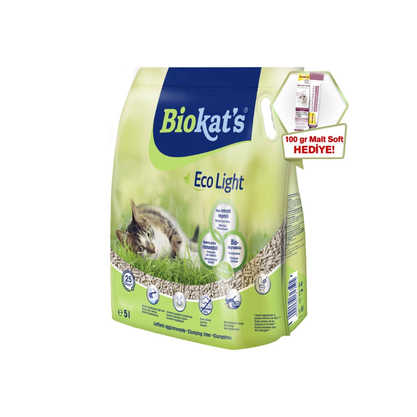 Biokat's Pelet Kedi Kumu Eco Light 5lt  (Ötv Dahil) + GimCat Malt Soft Extra 100 gr Hediye!