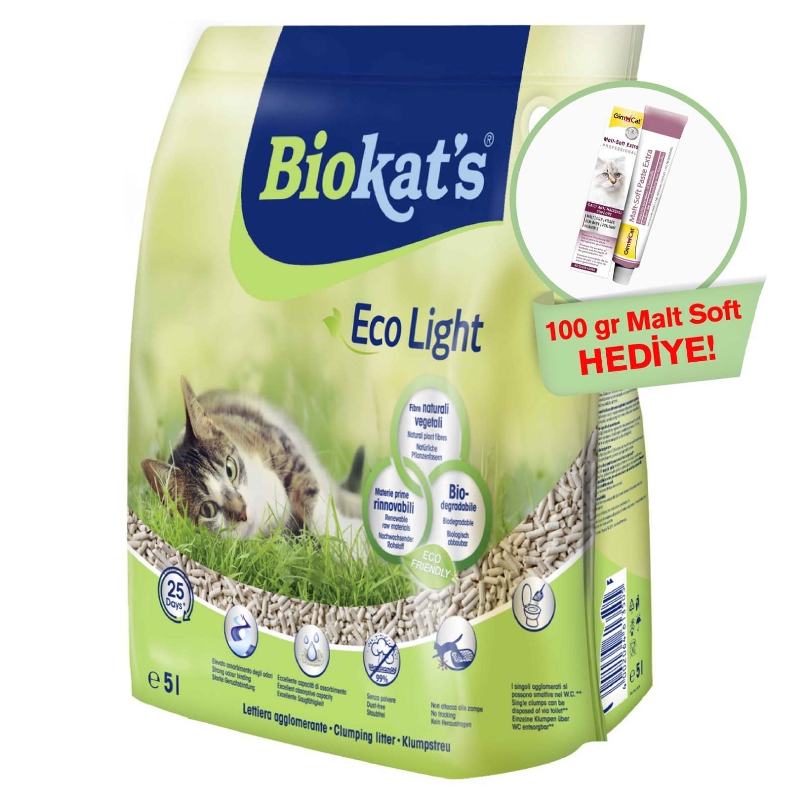Biokat's Pelet Kedi Kumu Eco Light 5lt  (Ötv Dahil)+GimCat Malt Soft Extra 100 gr Hediye!